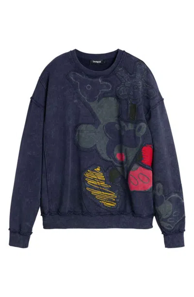 Desigual Mickey Mouse Appliqué Sweatshirt In Navy Blue