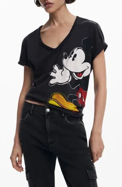 DESIGUAL DESIGUAL MICKEY MOUSE EMBELLISHED V-NECK T-SHIRT