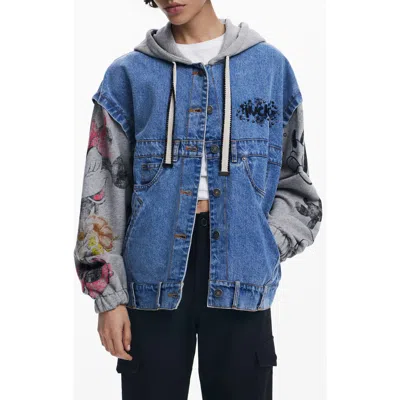 Desigual Mickey Mouse Hooded Denim Trucker Jacket In Medium Blue