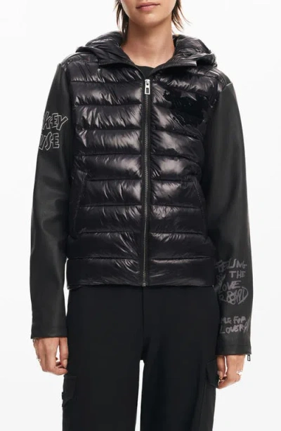 Desigual Mickey Mouse Mixed Media Puffer Coat In Black
