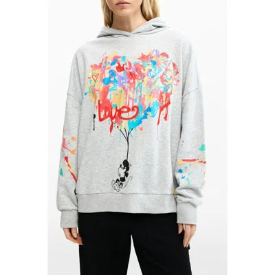 Desigual Mickey Mouse Paint Splattered Fleece Graphic Hoodie In Gray