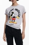 Desigual Mickey Mouse Striped Ringer Graphic T-shirt In Neutral Gray