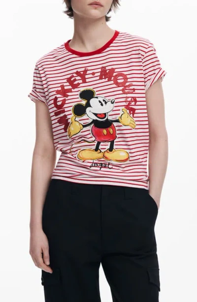 Desigual Mickey Mouse Striped Ringer Graphic T-shirt In Red