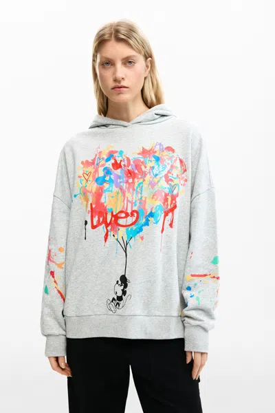 Desigual Mickey Mouse Paint Splattered Fleece Graphic Hoodie In Gray