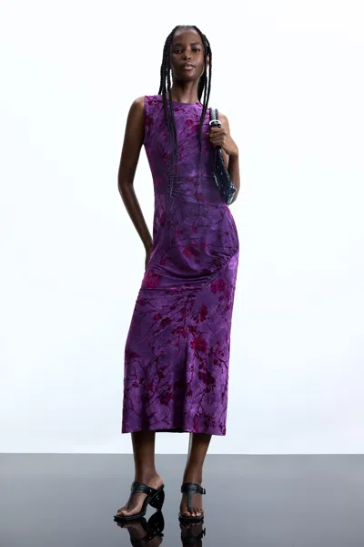 Desigual Midi Flocked Dress In Purple