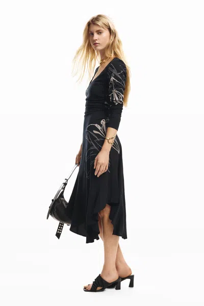Desigual Midi Floral Dress In Black