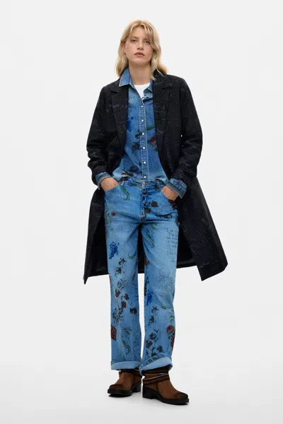 Desigual Midi Printed Coat In Black