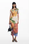 Desigual Midi Tulle Dress With Flowers In Orange