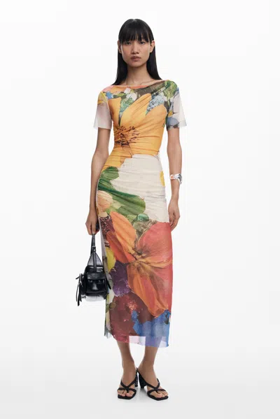 Desigual Midi Tulle Dress With Flowers In Orange