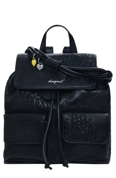 Desigual Mini Floral Embossed Convertible Backpack In Black