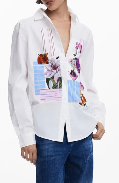 Desigual Minnie Mouse Patchwork Button-up Shirt In White