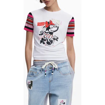 Desigual Minnie Mouse Stripe Sleeve Graphic T-shirt In Light Blue