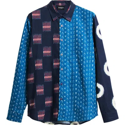 Desigual Mismatched Pattern Cotton Shirt In Blue