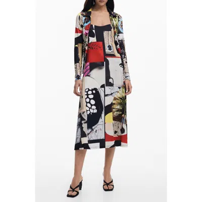 Desigual Mix Print Midi Dress In White Multi