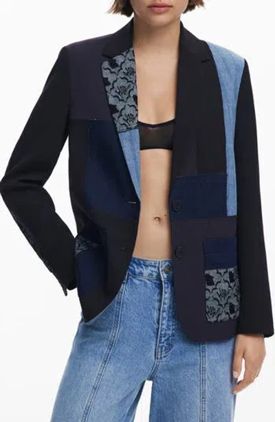 Desigual Mixed Media Blazer In Blue