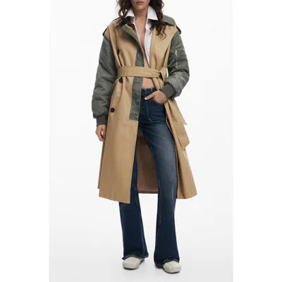 Desigual Mixed Media Bomber Hybrid Trench Coat In Beige