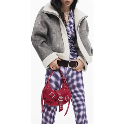 Desigual Mixed Media Faux Leather Jacket With Faux Shearling Trim In Gray