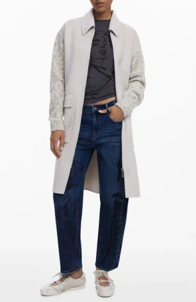 Desigual Mixed Media Longline Overcoat In White