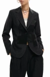 Desigual Mixed Media Pinstripe Single Breasted Blazer In Black