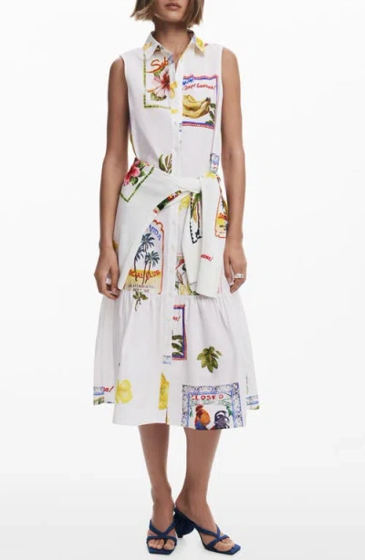 Desigual Mixed Print Cotton Sleeveless Shirtdress In Light Beige