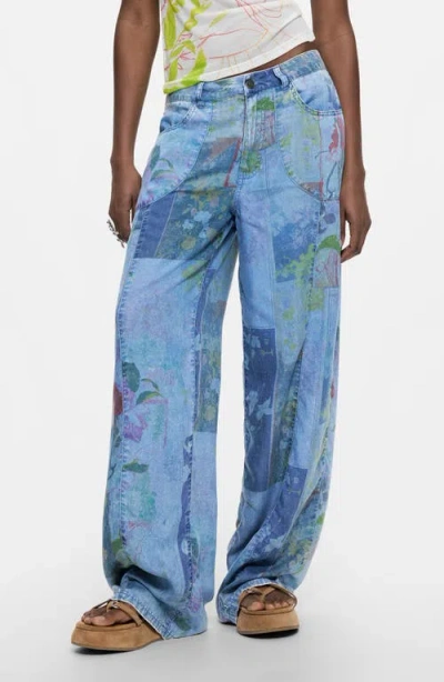 Desigual Mixed Print Denim Pants In Blue