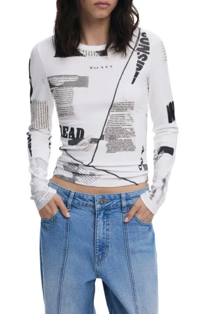 Desigual Mixed Print Long Sleeve Knit Top In White