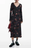 Desigual Mixed Print Long Sleeve Midi Dress In Gray
