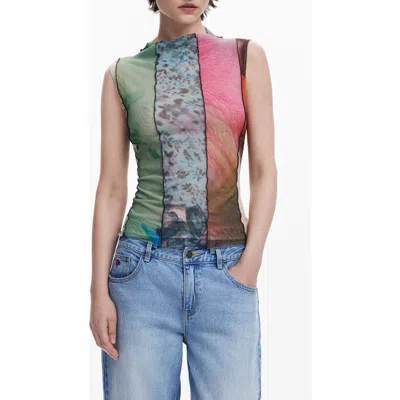 Desigual Mixed Print Mesh Tank In Multi