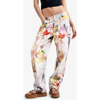 Desigual Mixed Print Stretch Cotton Denim Pants In Multi