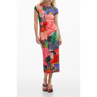 Desigual Mixed Print Stretch Cotton Knit Dress In Pink