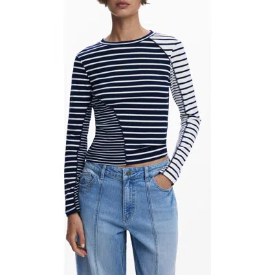 Desigual Mixed Stripe Long Sleeve Rib T-shirt In Blue