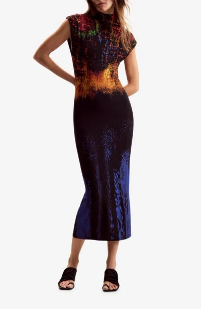 Desigual Mock Neck Abstract Print Midi Dress In Blue