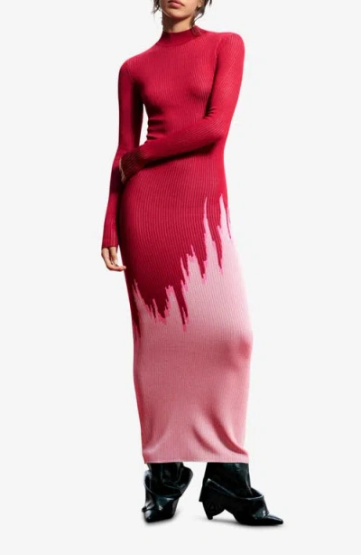 Desigual Mock Neck Maxi Ombré Sweater Dress In Red