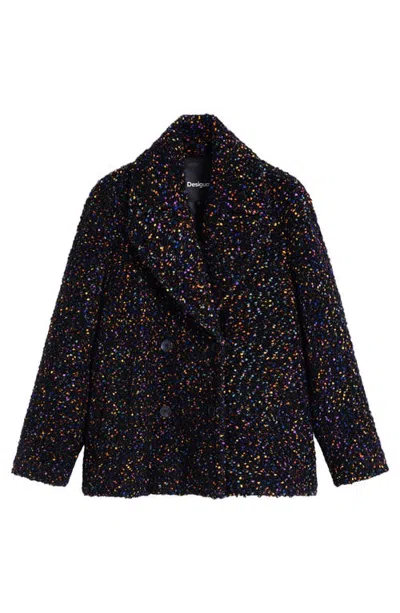 Desigual Multi-flecked Wool Blend Coat In Black