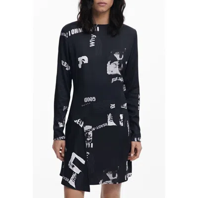 Desigual Newspaper Print Long Sleeve Dress In Black