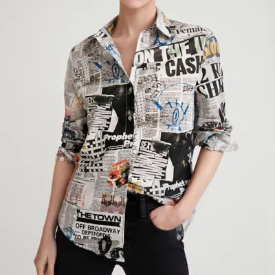 Desigual News Button Up Blouse In White With Black Print In Grey