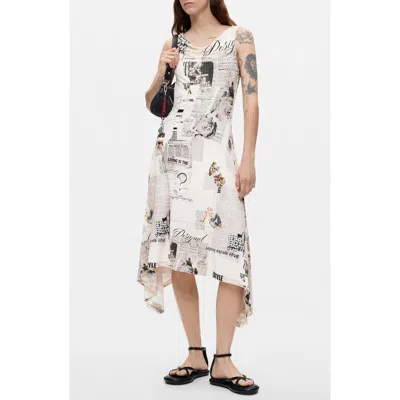 Desigual Newspaper Print Handkerchief Hem Dress In White