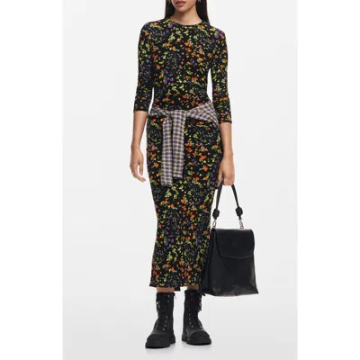 Desigual Nogen Floral Print Long Sleeve Dress In Black