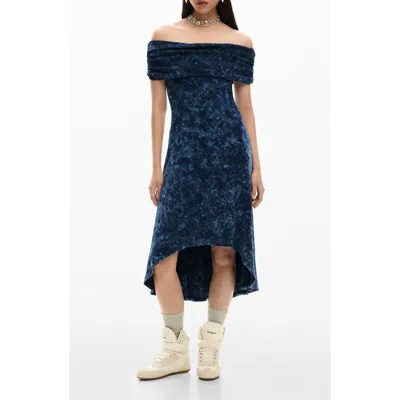 Desigual Off The Shoulder High-low Dress In Blue