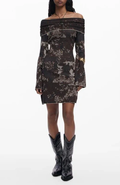 Desigual Off The Shoulder Long Sleeve Rib Dress