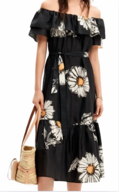 Desigual Off The Shoulder Midi Dress In Black Multi