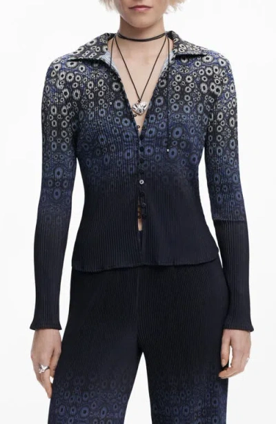 Desigual Ombré Cell Print Rib Button-up Shirt In Navy Blue
