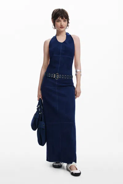 Desigual Open-back Suede Dress In Blue