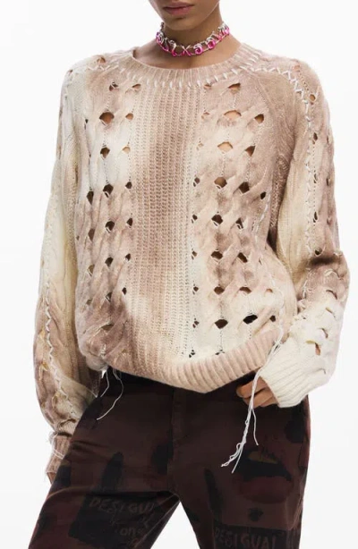 Desigual Open Stitch Crewneck Sweater In Brown