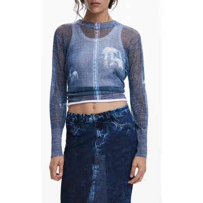 Desigual Open Stitch Crop Sweater In Blue