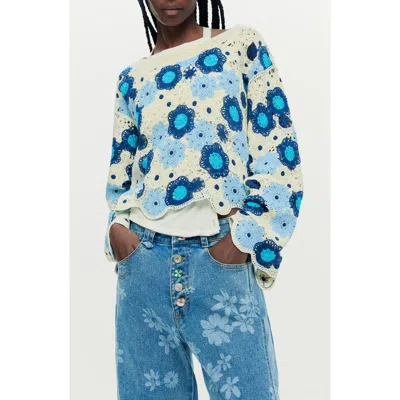 Desigual Open Stitch Floral Sweater In Multi