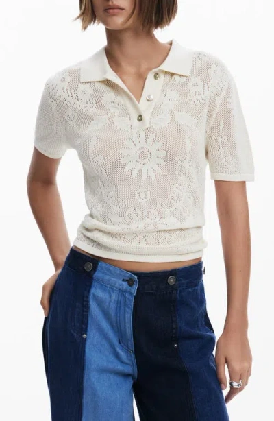 Desigual Openstitch Short Sleeve Polo In Light Beige
