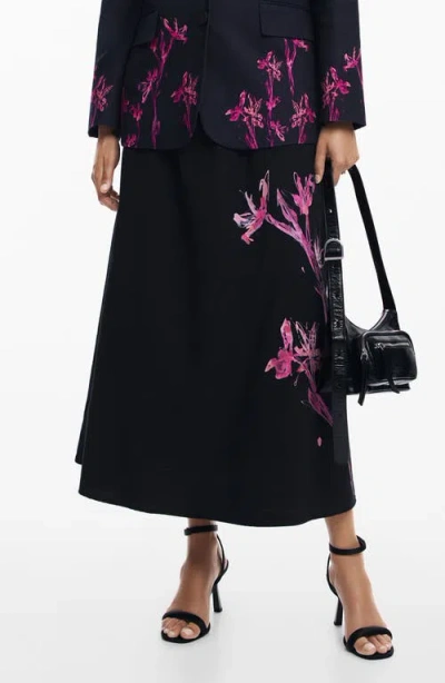 Desigual Orchid Print Cotton A-line Skirt In Black