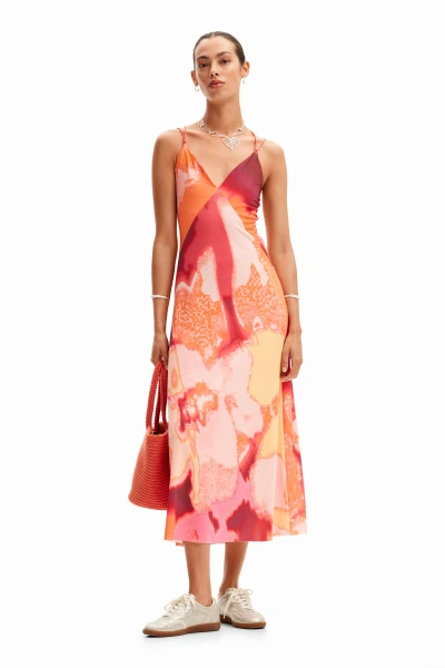 Desigual Out-of-focus Midi Slip Dress In Orange