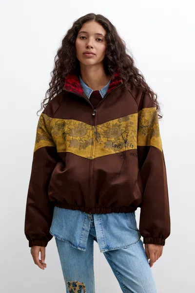 Desigual Oversize Printed Jacket In Brown